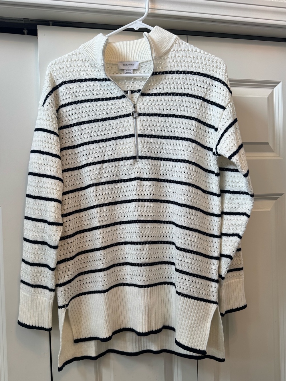 Seraphine Maternity Lace Stitch Jumper Sweater Gold Zip Blue Cream Stripes XS